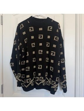 Vintage Black & Gold Metallic Knit Sweater - Oversized Geometric Pattern Size XL